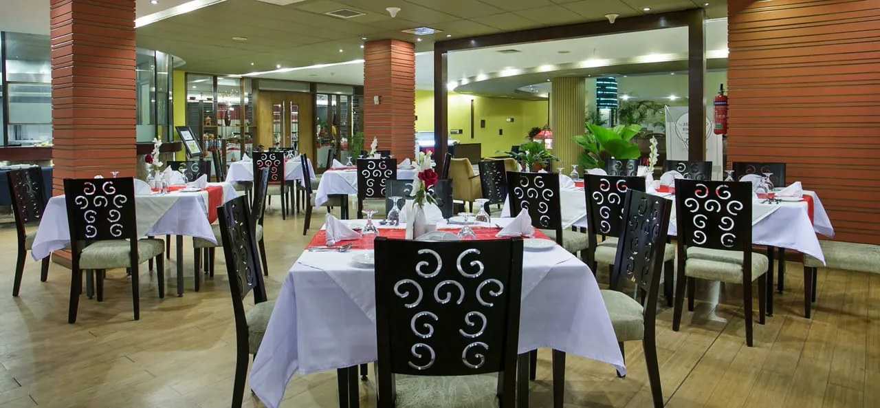 Restaurant dining room with set tables