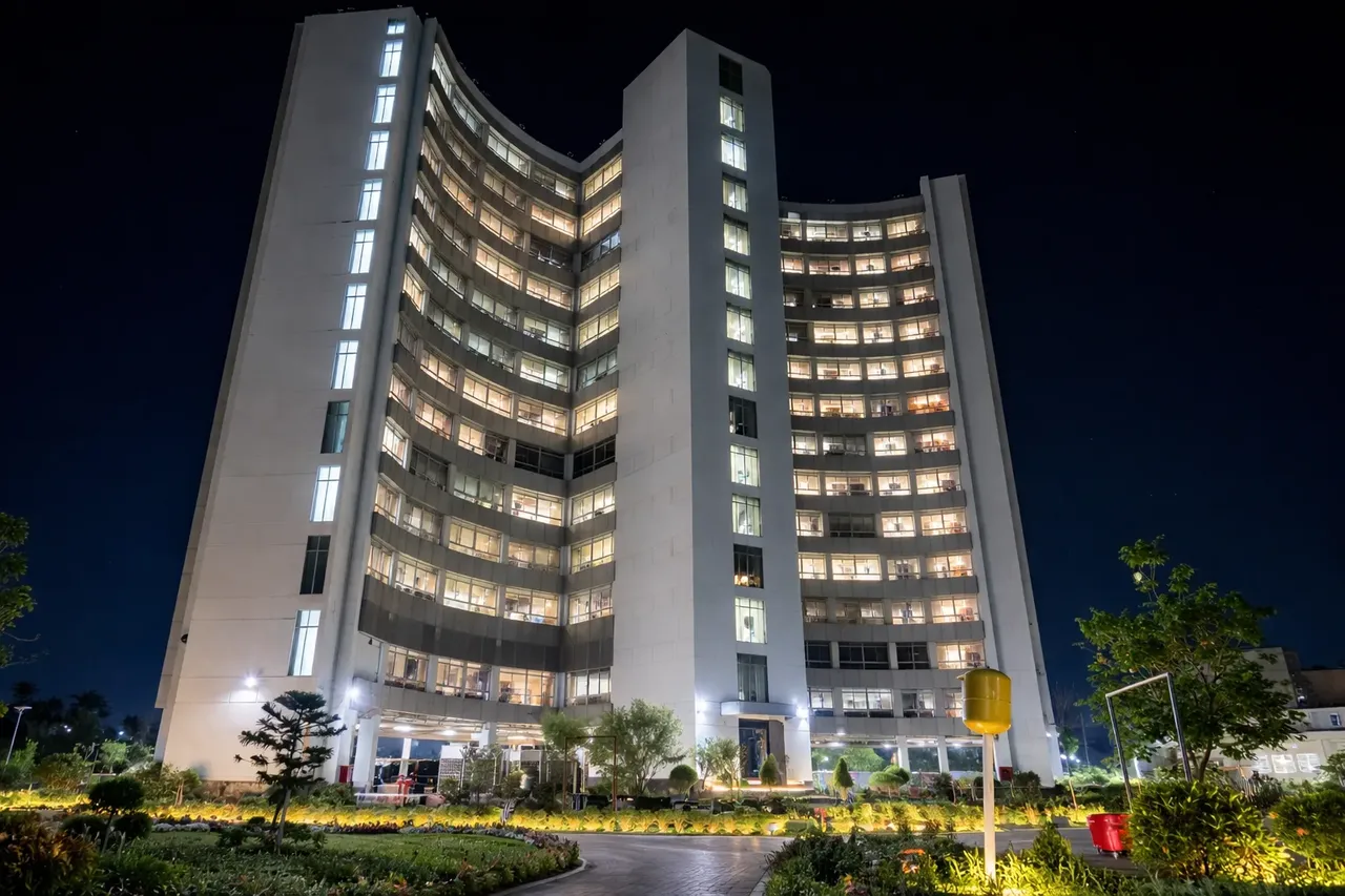 Main building lit up at night