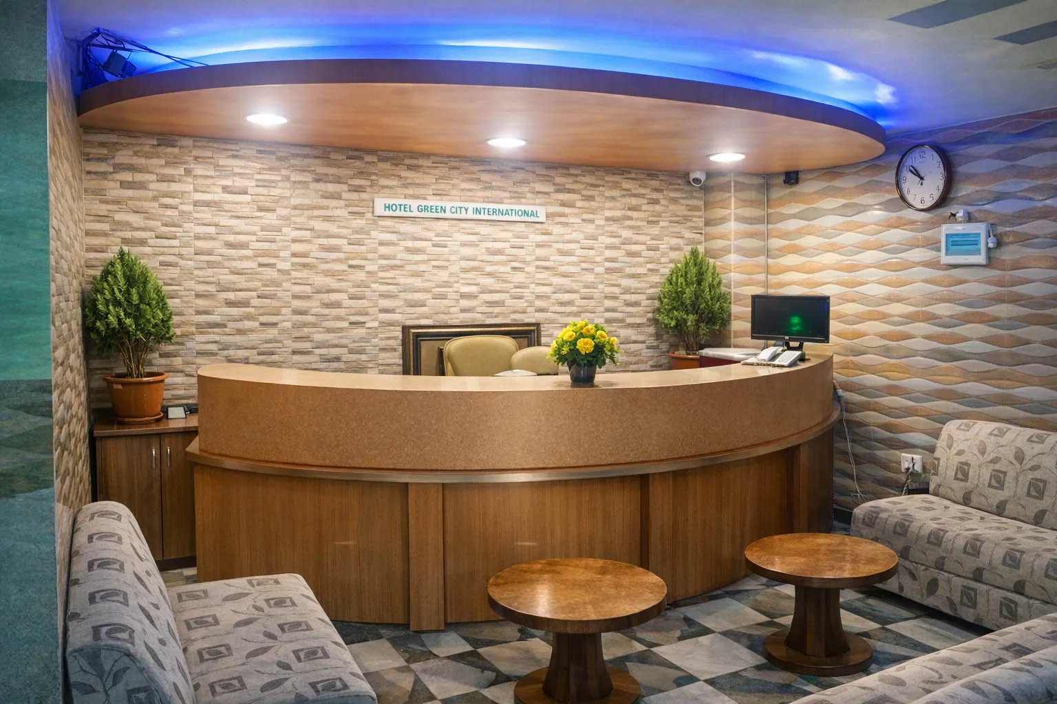 Reception desk and sofa seating in the lobby
