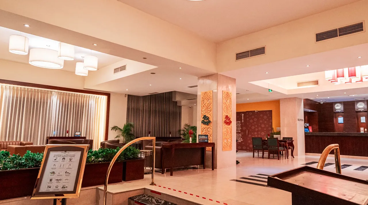 Lobby with reception desk and seating area