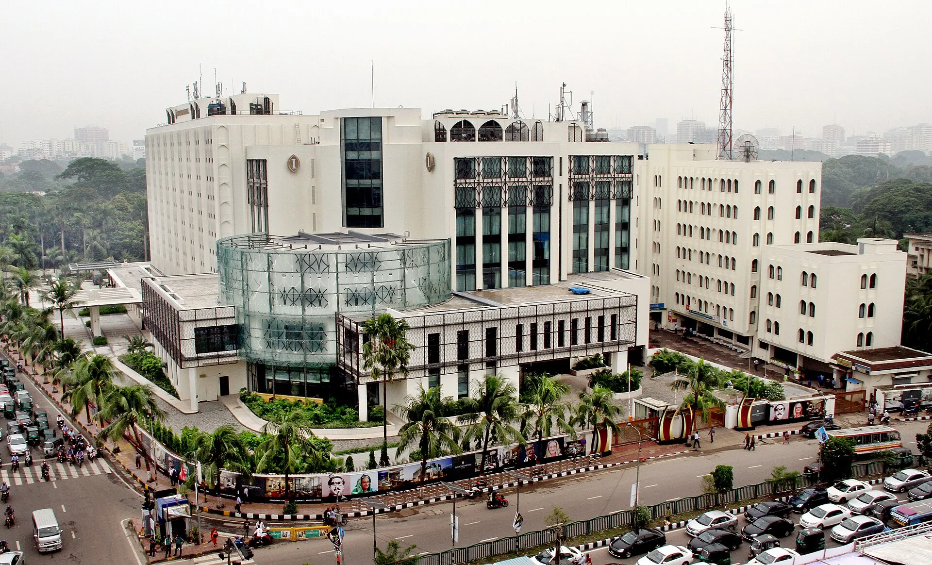 InterContinental Dhaka seen from above, with its glass drum entrance and white tower